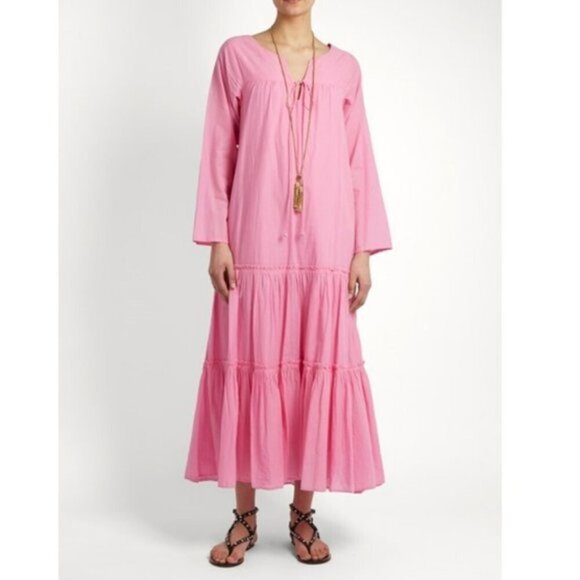 Apiece Apart Atlas Pink Cotton Midi Dress Long Sleeve Tiered Size 4 - Picture 2 of 13